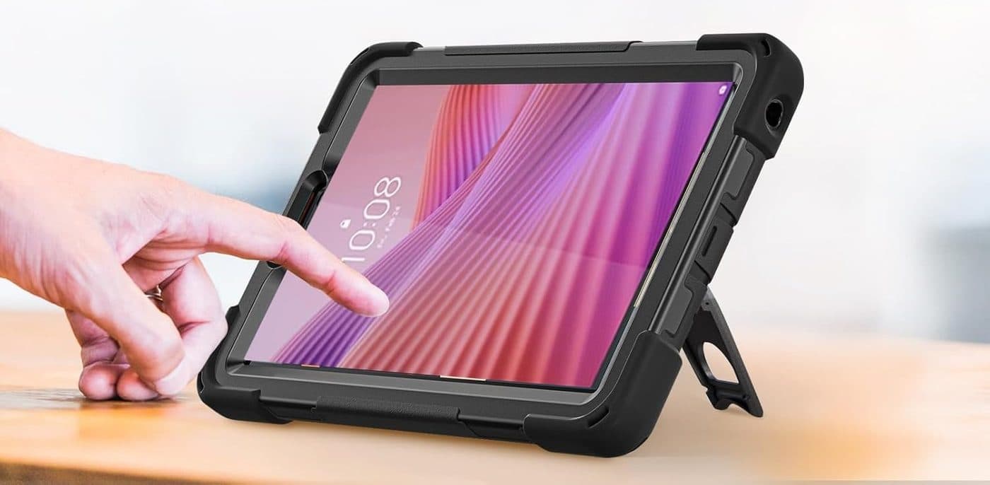 Tablette AlliaPOS dans son boîtier robuste avec béquille dépliée